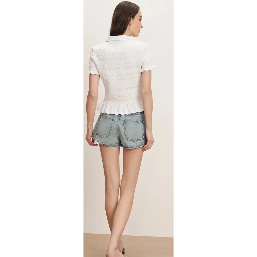 Chic Veronica Beard Ellisandra Smocked Jersey Button-Down Top - Picture 3 of 6